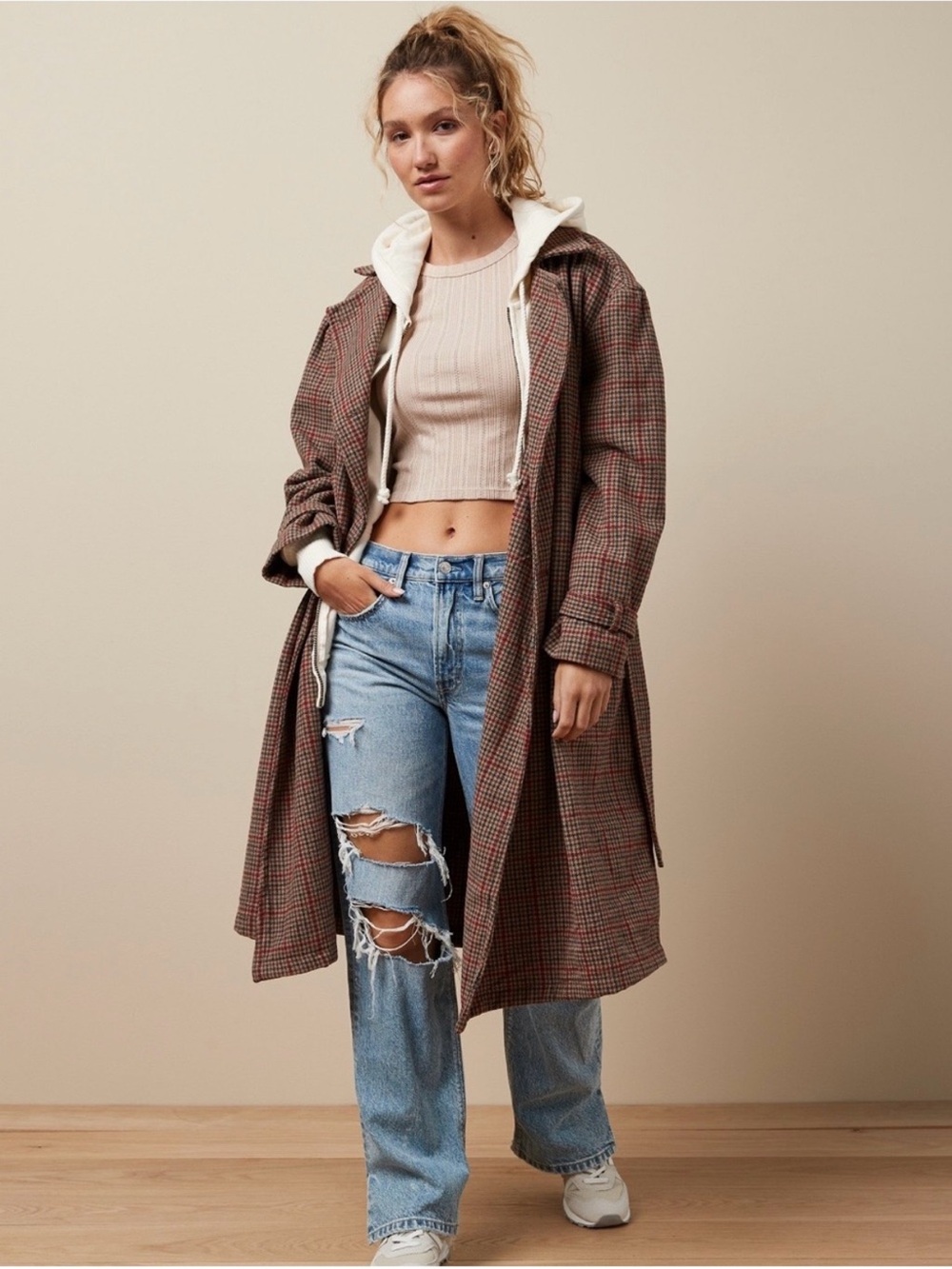 American Eagle Outfitters oversized Brown Plaid Trench Coat